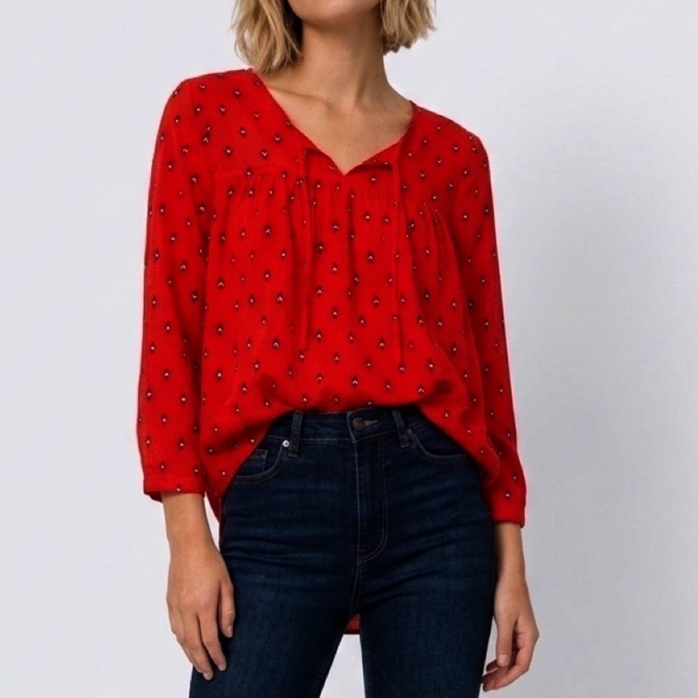 Jack by BB Dakota Red Geo-Printed 2/3 Sleeve Flowy Blouse Top, New